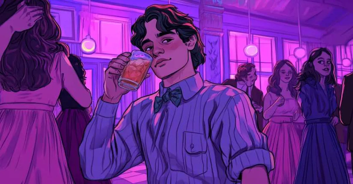 A young man at a dance hall holding a drink under purple lighting with people around him dressed for a party, creating a lively evening atmosphere
