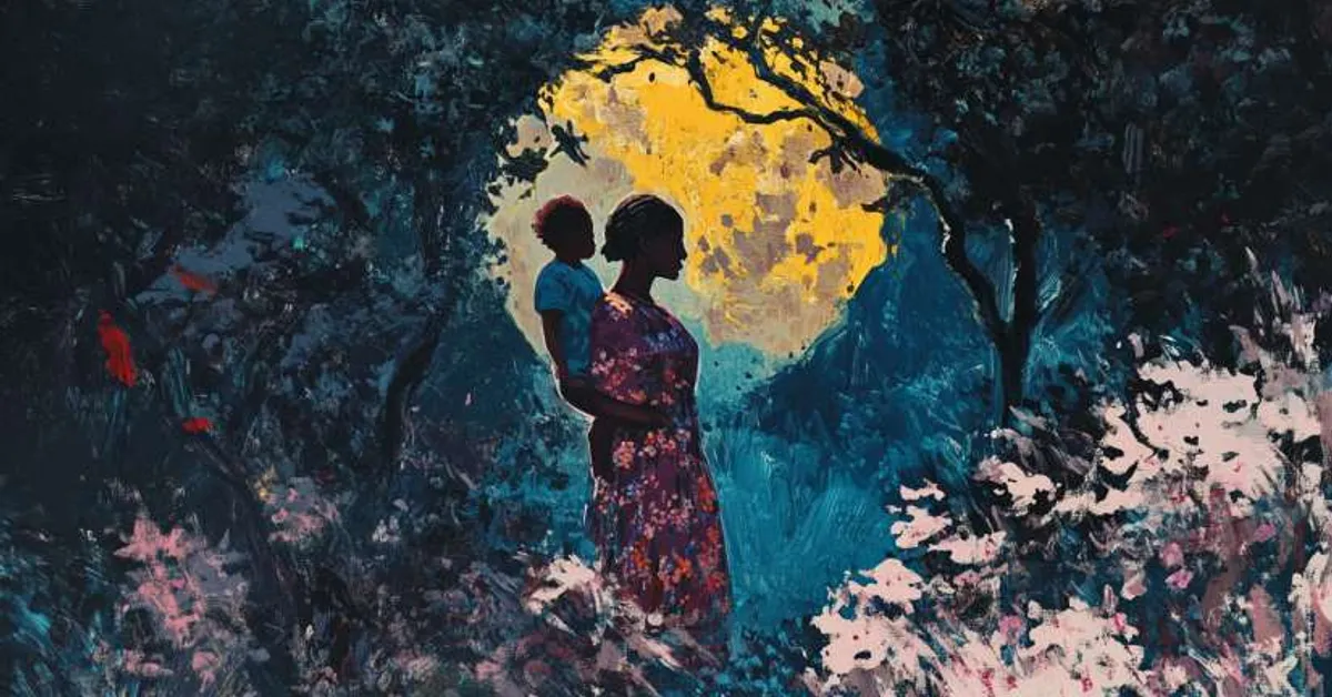 woman carrying a child on a path lit by moonlight for Things Fall Apart Chapter 11