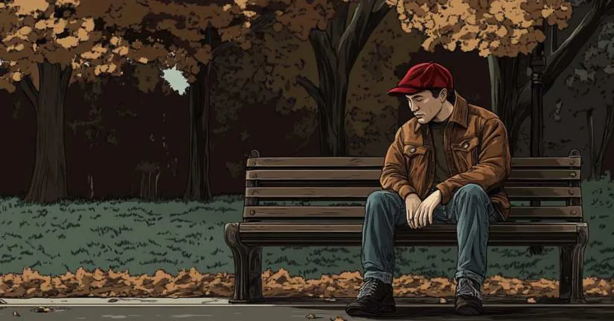 A young man sitting alone on a park bench in autumn with leaves scattered around him and trees behind him creating a quiet reflective mood