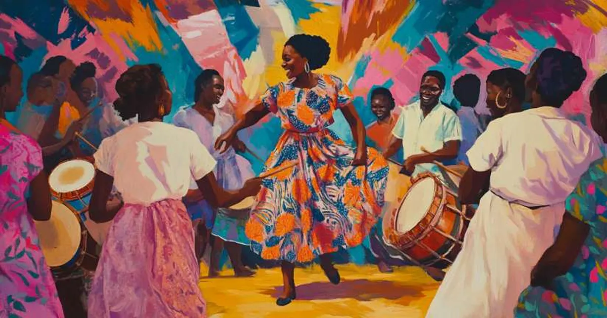 woman dancing as villagers play drums around her for Things Fall Apart Chapter 12