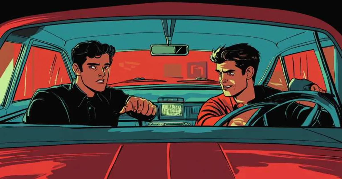 Two young men sitting in a car at night with one driving and the other talking while red and blue lighting fills the interior of the scene