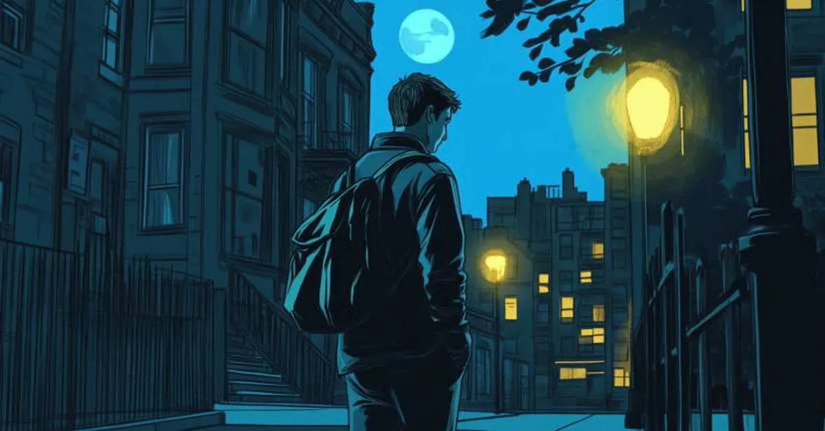A young man walking through a city street at night with a backpack under bright moonlight and warm window lights glowing around the buildings