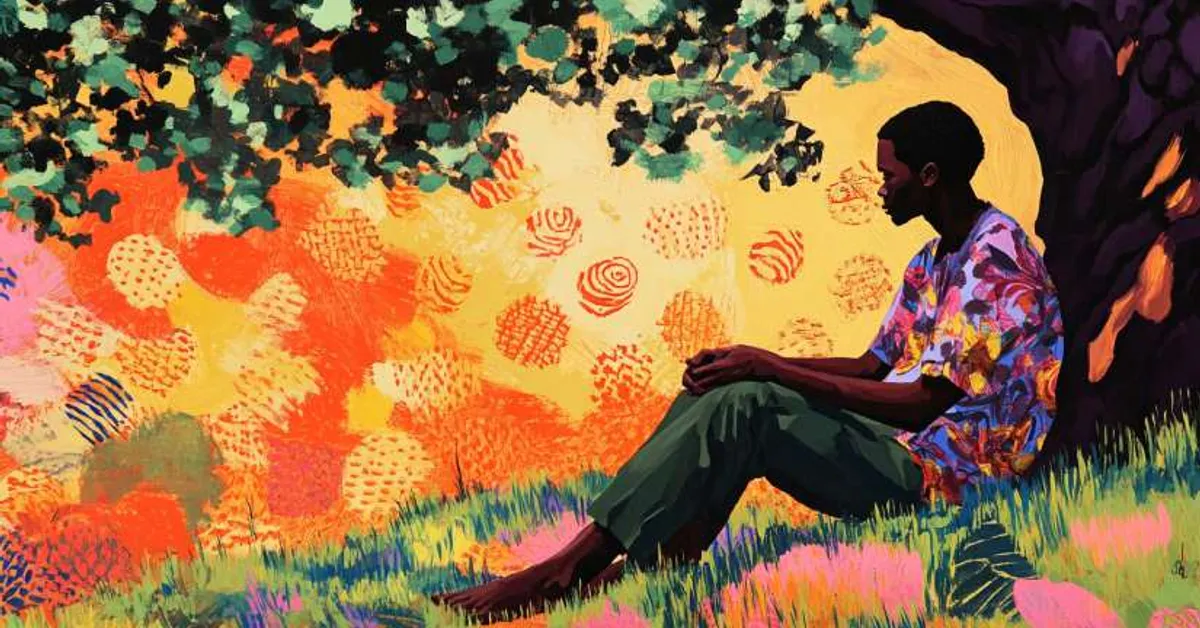 man sitting under a tree with warm light behind him for Things Fall Apart Chapter 14