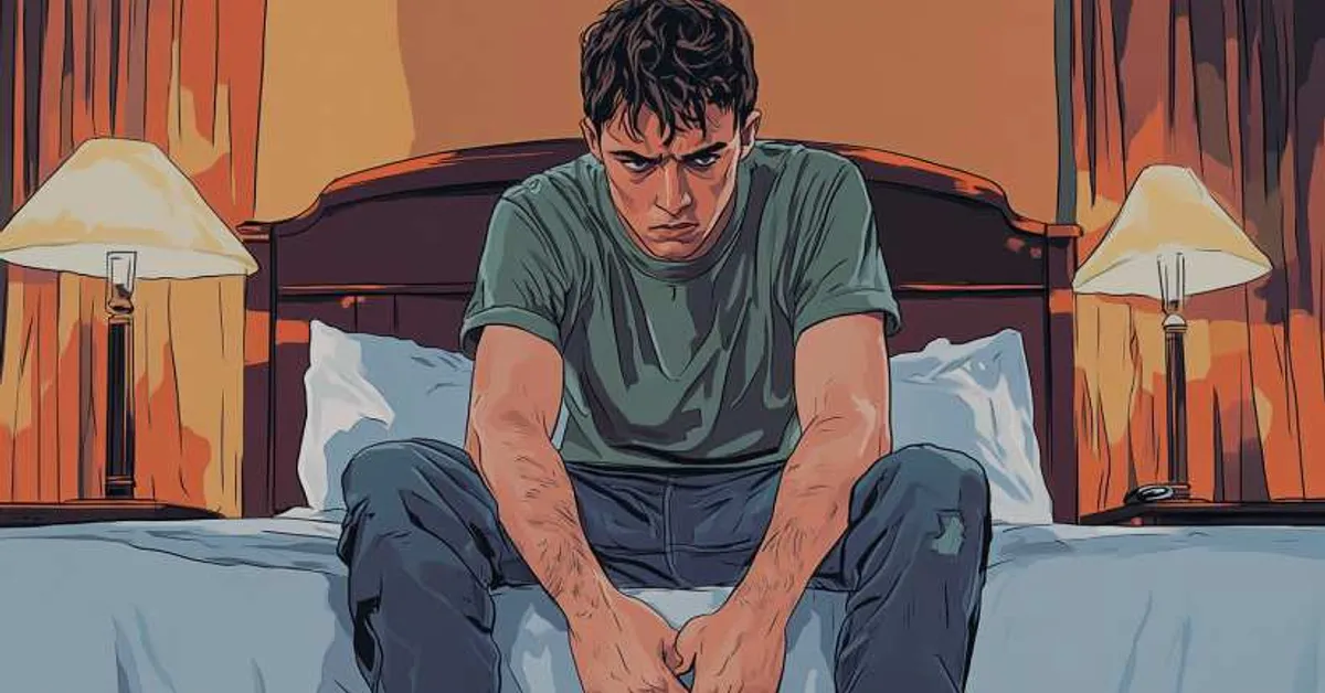 A young man sitting on the edge of a hotel bed with a tense expression lit by two bedside lamps in a dim room that feels heavy and subdued