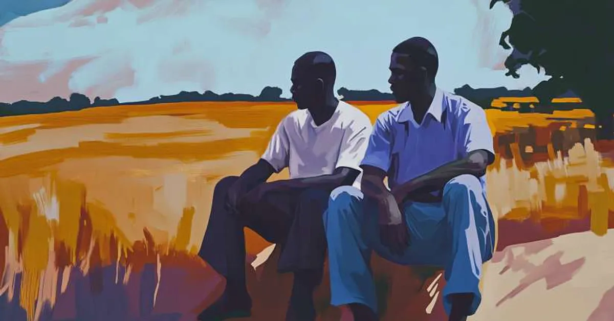 two men sitting at the edge of a field talking for Things Fall Apart Chapter 15