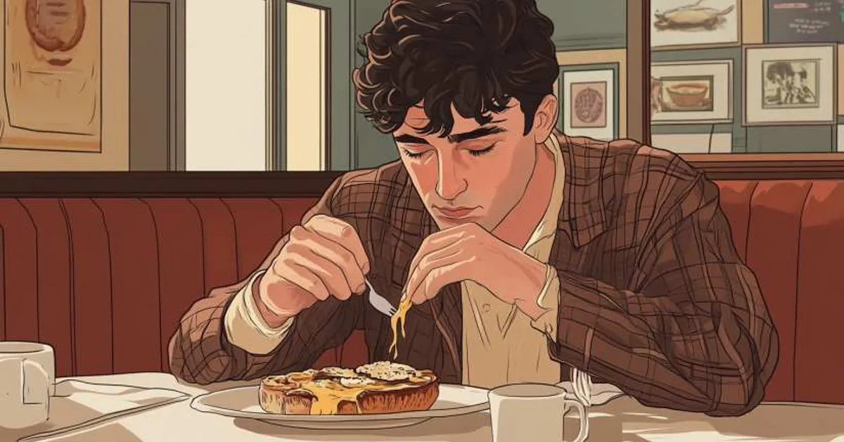 A young man eating breakfast alone at a diner table carefully cutting into his meal while surrounded by warm lighting and framed pictures