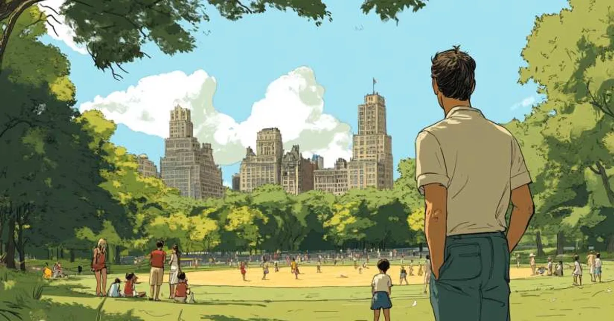 A man standing at the edge of a city park watching a baseball field with people playing and tall buildings rising above the treetops