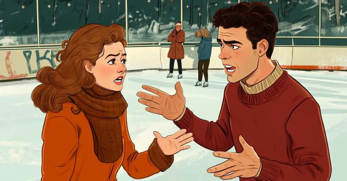 A young woman and young man arguing at an ice skating rink with expressive gestures while other skaters move in the background