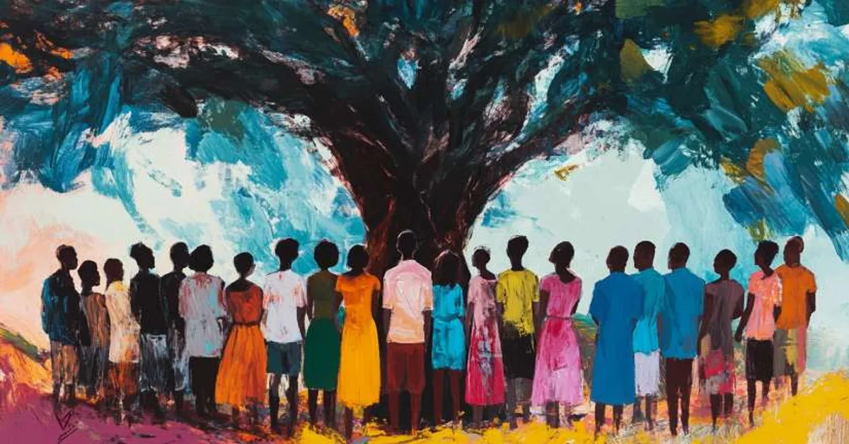 large group of villagers gathered under a big tree for Things Fall Apart Chapter 18