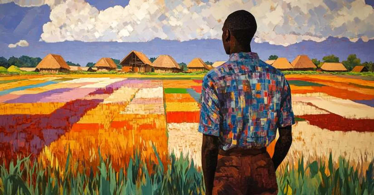 man overlooking bright patchwork farmland toward village huts for Things Fall Apart Chapter 19