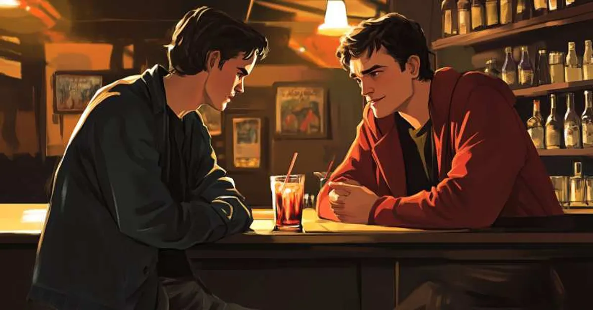 Two young men sitting across from each other at a bar booth talking over a drink in warm light with bottles and posters behind them