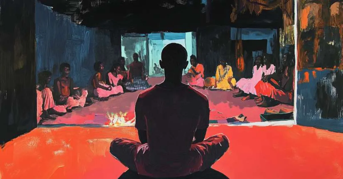 man sitting before elders around a firelit room for Things Fall Apart Chapter 2