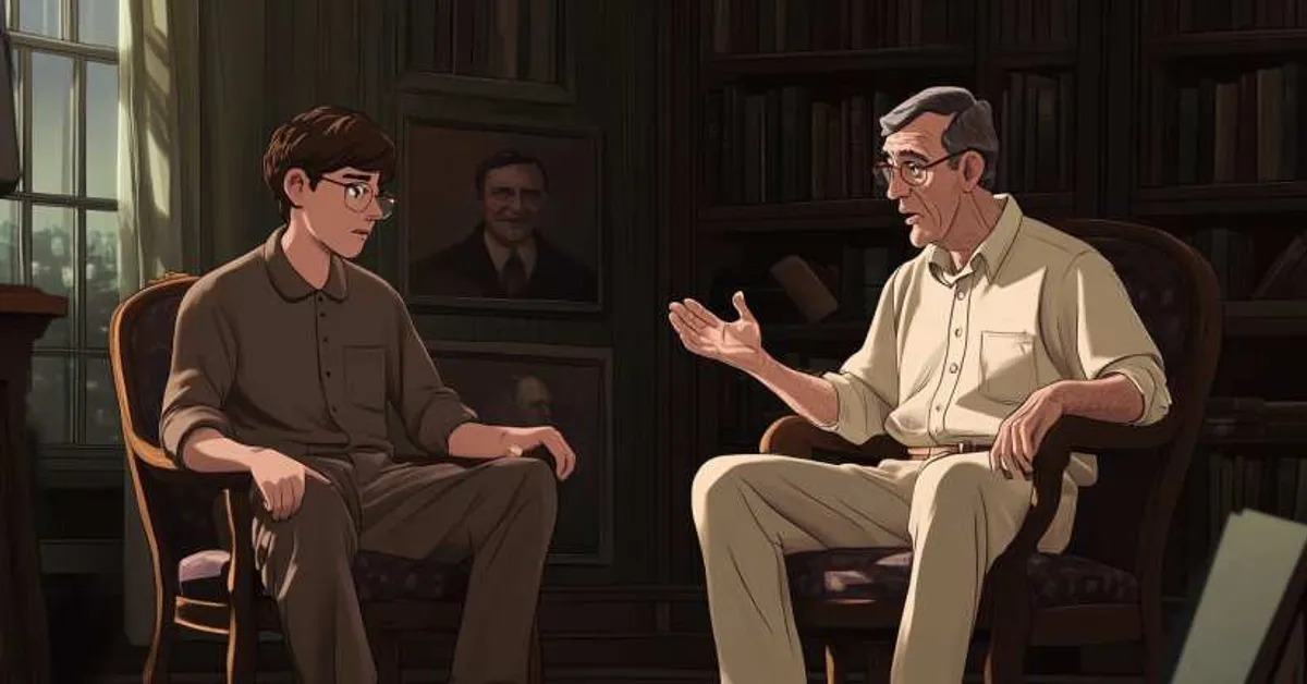 Two men seated in a dim library room having a serious conversation with bookshelves and portraits behind them, giving the scene a reflective tone