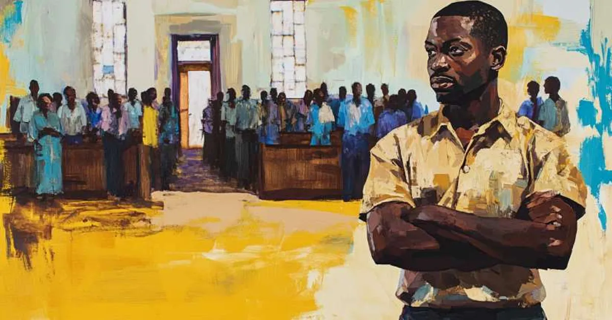 man with folded arms standing in a crowded meeting hall for Things Fall Apart Chapter 20