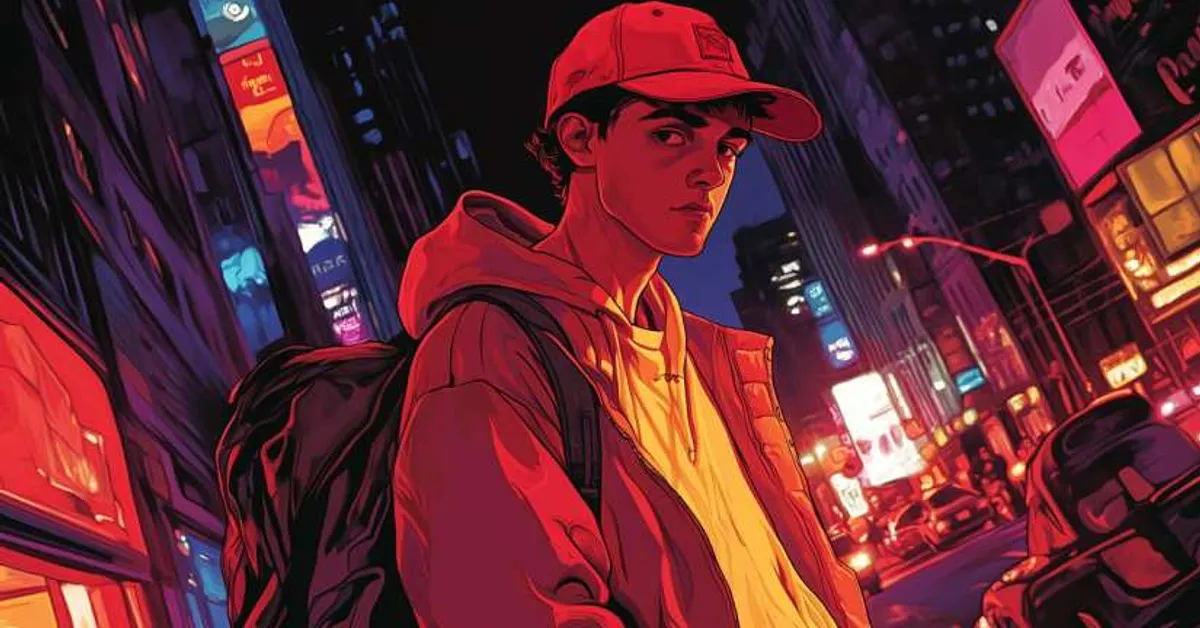 A young man standing on a busy city street at night with bright neon signs and car lights illuminating his face and backpack