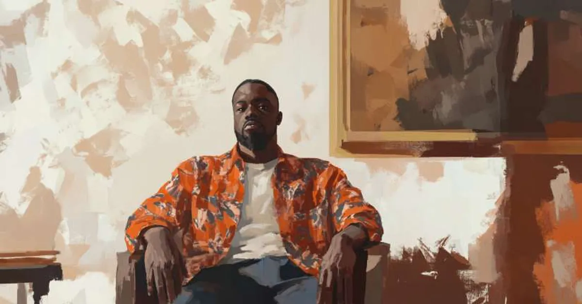 man seated in a quiet room with abstract artwork behind him for Things Fall Apart Chapter 21