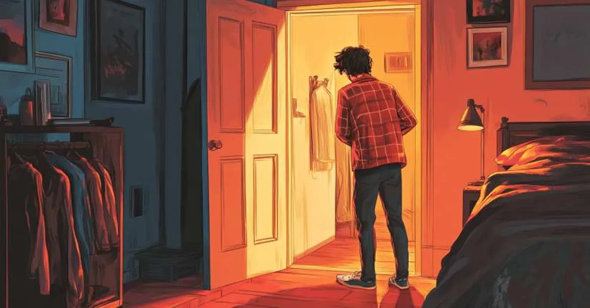 A young man standing in a dim bedroom looking into a brightly lit doorway while warm light fills the room and clothing hangs nearby creating a quiet tense moment