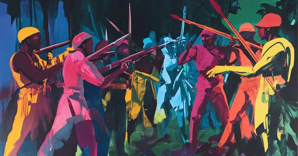 men confronting each other with spears in a forest scene for Things Fall Apart Chapter 22