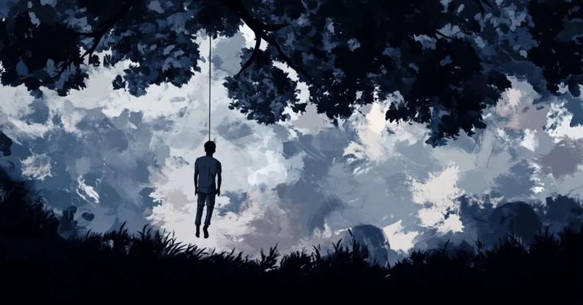 silhouette of a man hanging from a tree against a cloudy sky for Things Fall Apart Chapter 25