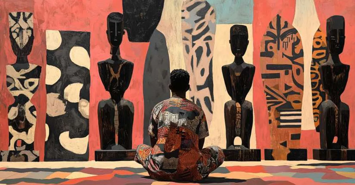 figure seated in front of carved wooden statues in a ritual space for Things Fall Apart Chapter 3