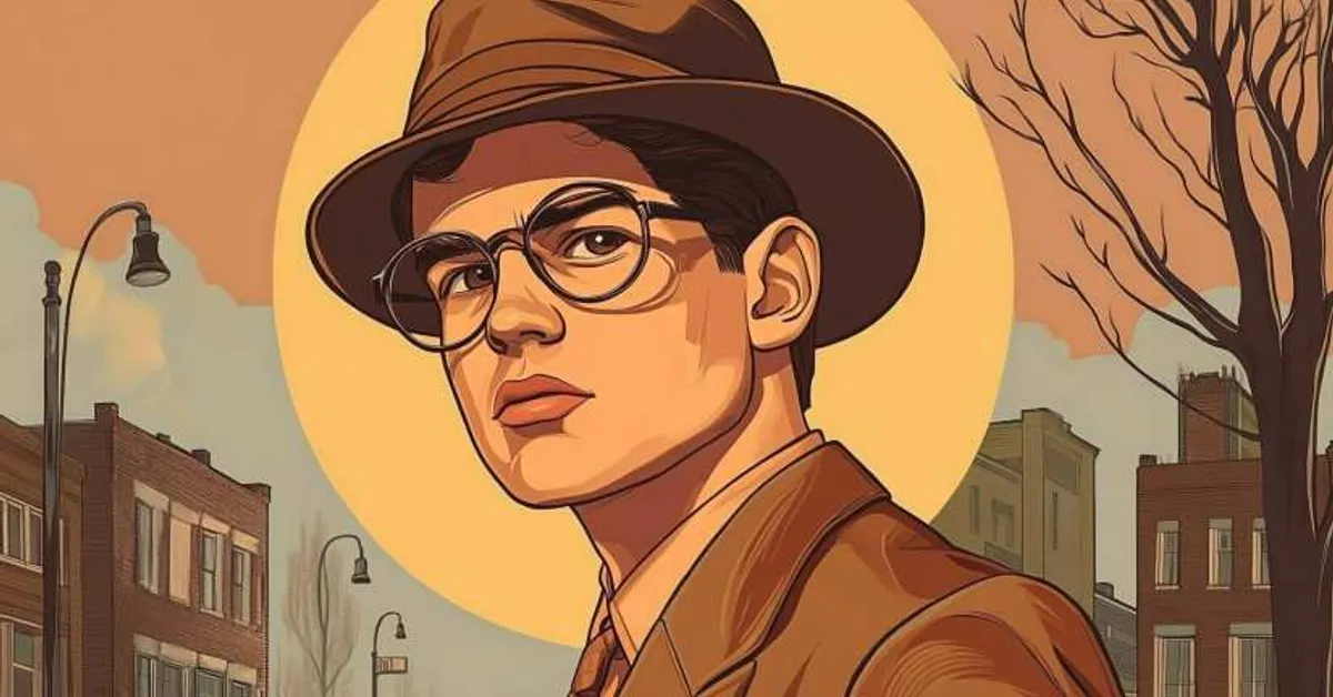 Portrait of a young man in glasses and a hat standing on a quiet city street with warm tones and vintage style buildings around him