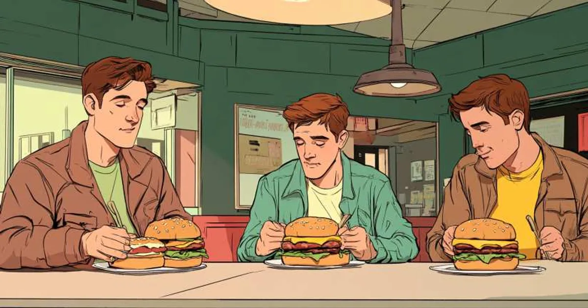 Three young men sitting at a diner counter with large burgers in front of them, each lost in their own thoughts in a relaxed casual setting