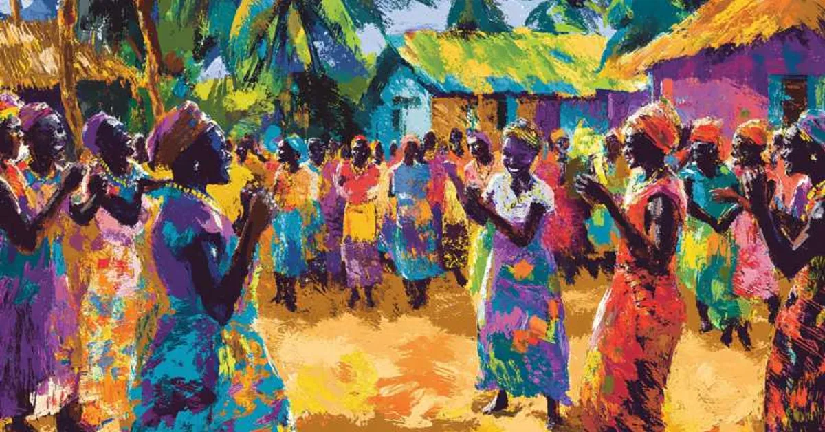 women dancing in colorful dresses in a village square for Things Fall Apart Chapter 5