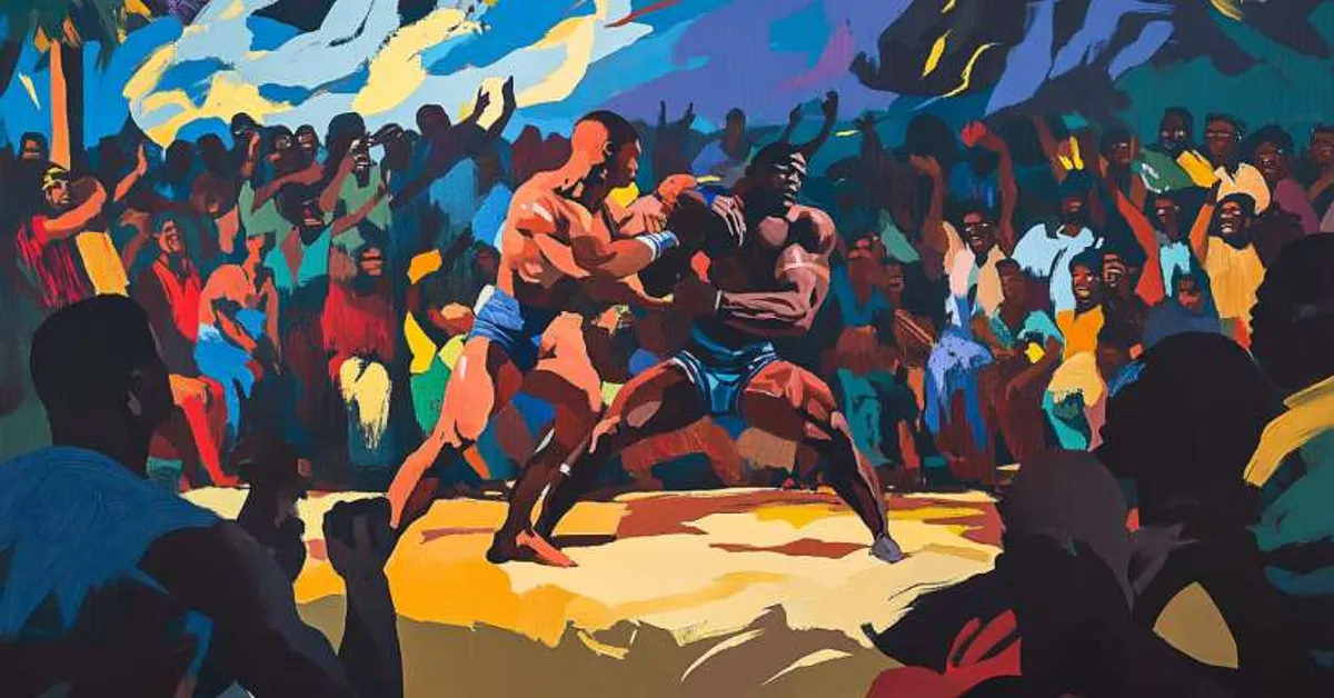 two men wrestling surrounded by cheering villagers for Things Fall Apart Chapter 6