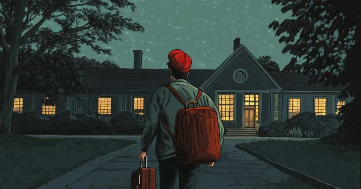 A boy standing outside a lit campus building at night with two bags in hand, suggesting departure or arrival under a starry sky