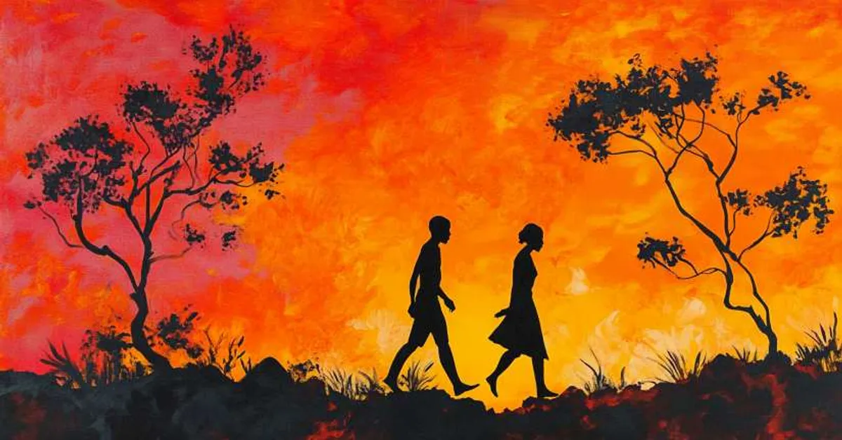 silhouetted figures walking across a sunset hillside for Things Fall Apart Chapter 7
