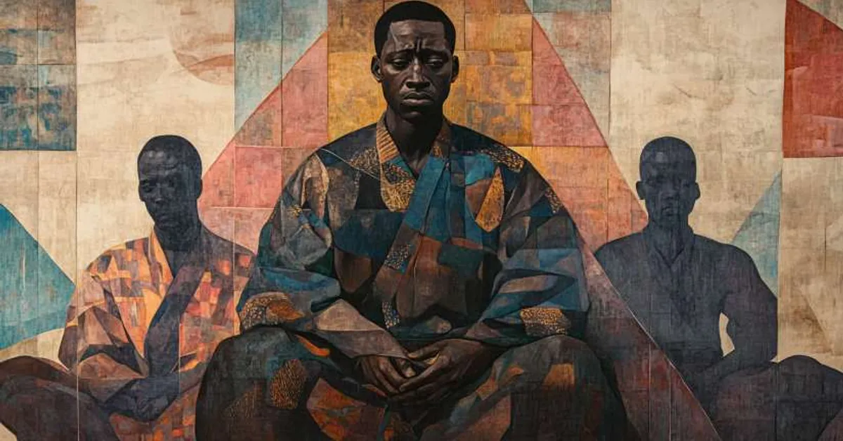 man seated in patterned robes with shadowed figures behind him for Things Fall Apart Chapter 8