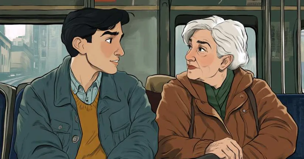 A young man talking with an older woman on a bus, both seated and sharing a calm moment with city windows and muted colors around them