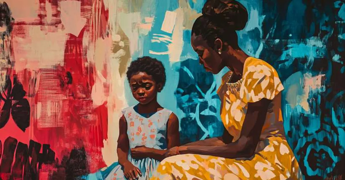 mother holding a child while standing in front of painted patterns for Things Fall Apart Chapter 9