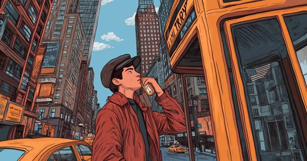 A young man drinking from a bottle while standing near a phone booth in a busy city filled with taxis, tall buildings, and bright street signs