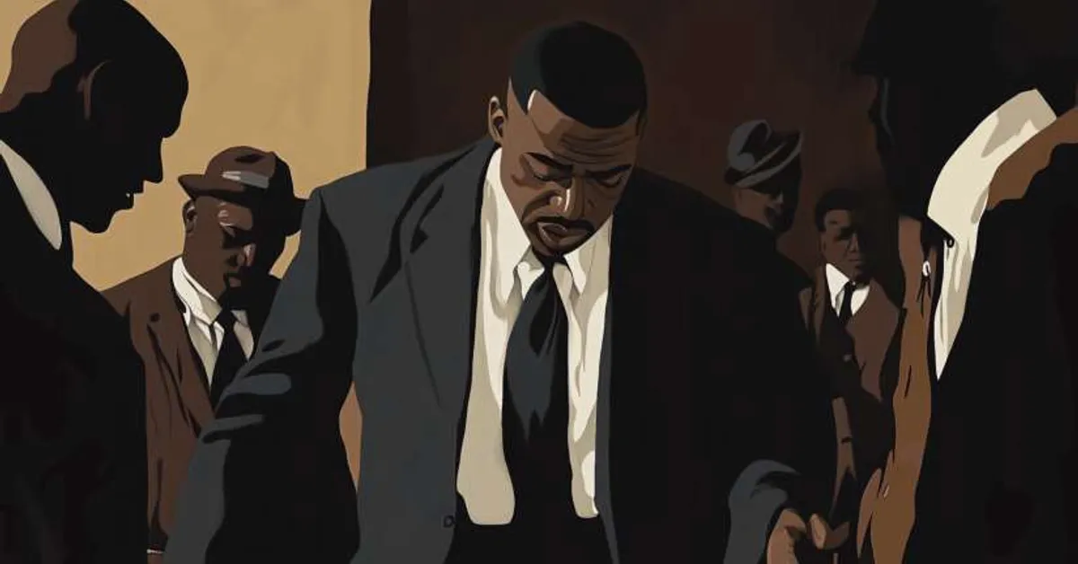 group of men in suits standing together in muted lighting for Things Fall Apart Character Matching