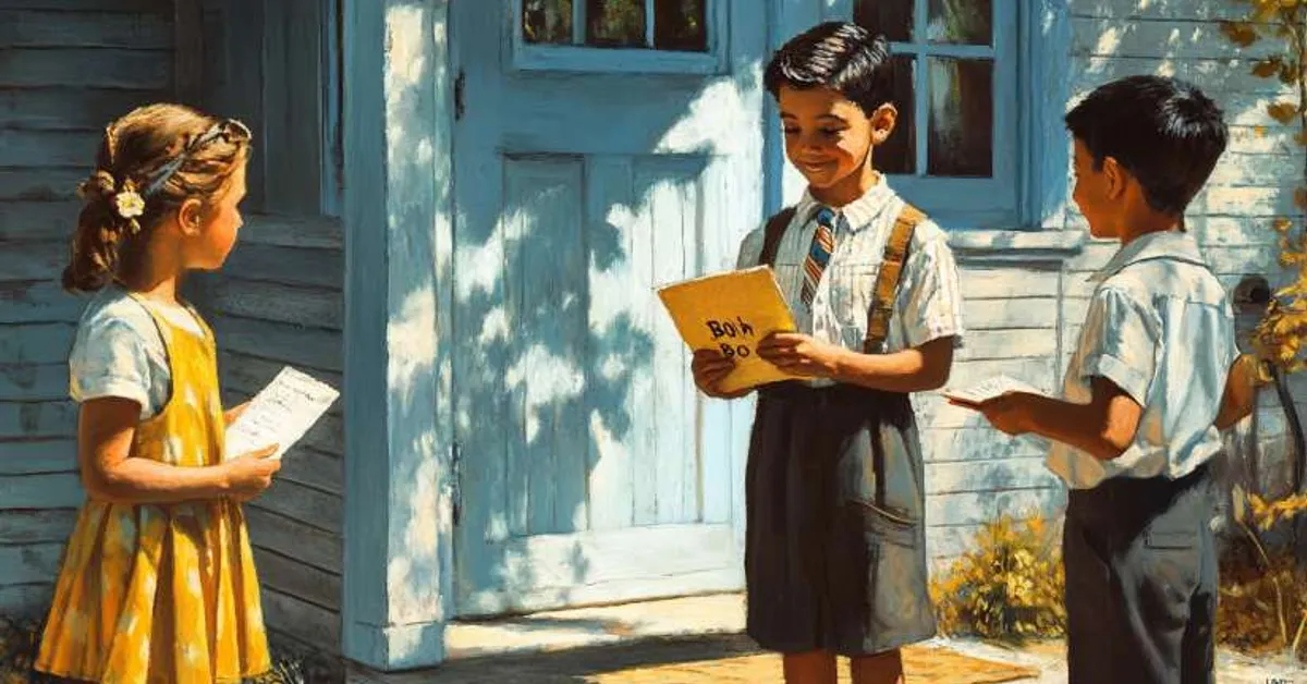 Children standing near a front porch exchanging papers in a bright and cheerful neighborhood scene