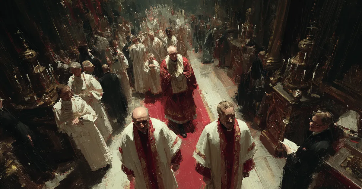 A palace corridor filled with clergy and nobles carrying a swaddled infant marking the celebratory moment in King Henry VIII Act 5