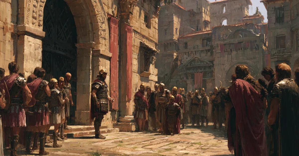 A lone citizen presenting a plea before officials in a courtyard connecting to Act 2 Scene 3