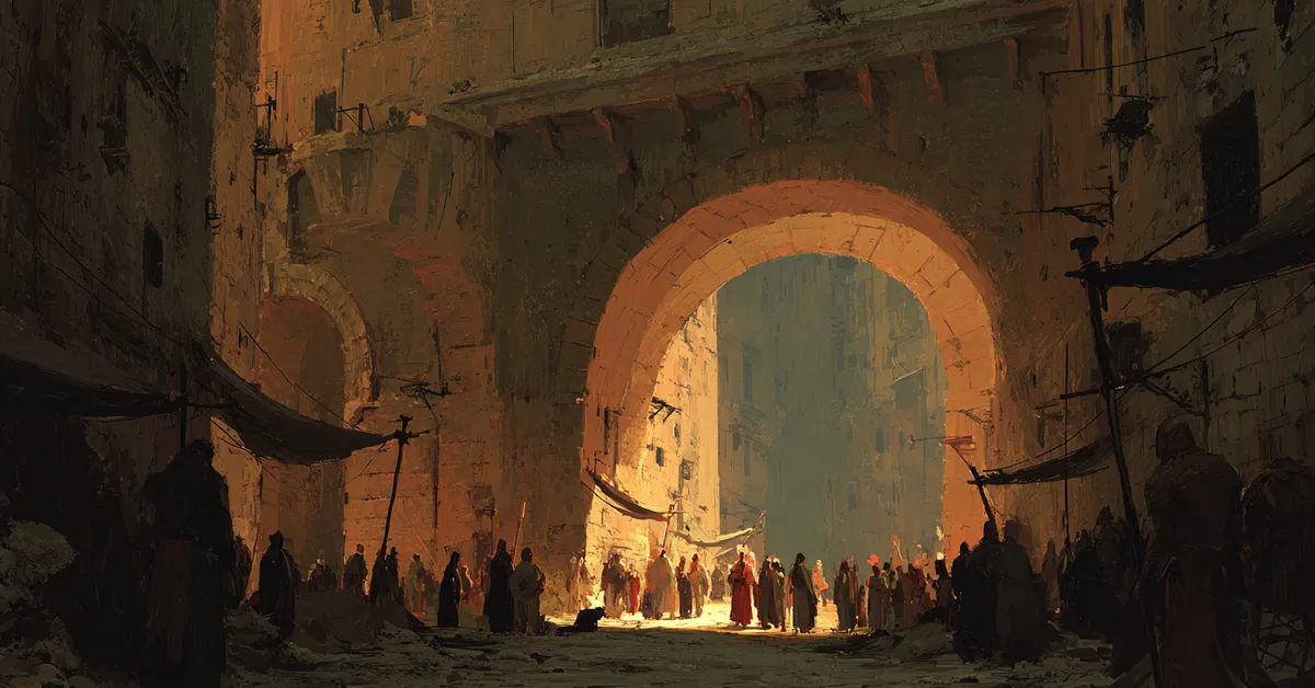 Citizens clustering along a Roman street beneath stone arches marking the opening action of Act 1 Scene 1 covered in the quiz