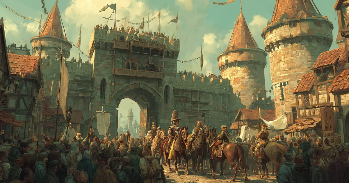 A busy city gate where citizens cluster around a mounted messenger receiving urgent news showing Richard III Act 2 Scene 2