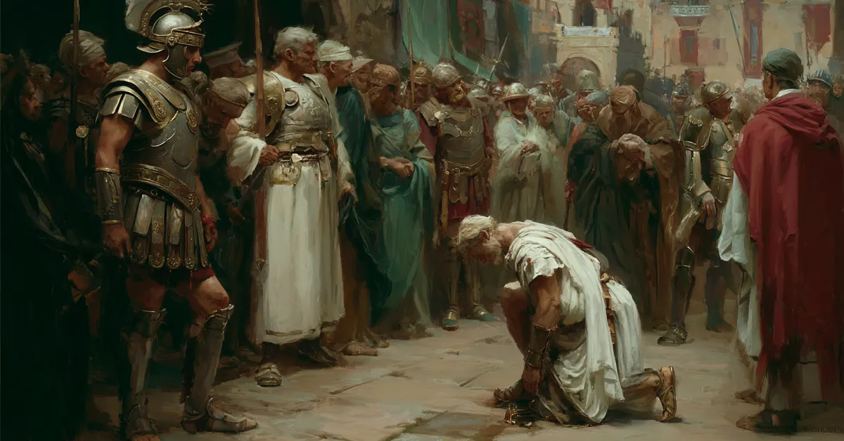 A city square where a soldier kneels before officials representing Titus Andronicus Act 3 Scene 1