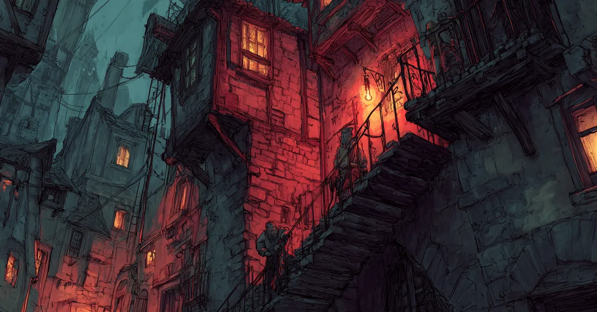 A cramped city street where townsfolk lean from windows trading whispers reflecting rumors in Richard III Act 3 Scene 6