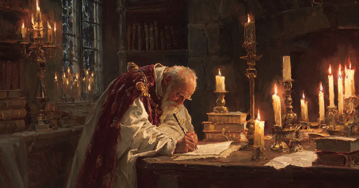 Clerics in a candlelit study leaning over books and scrolls referencing the clerical debate in Henry V Act 1 Scene 1