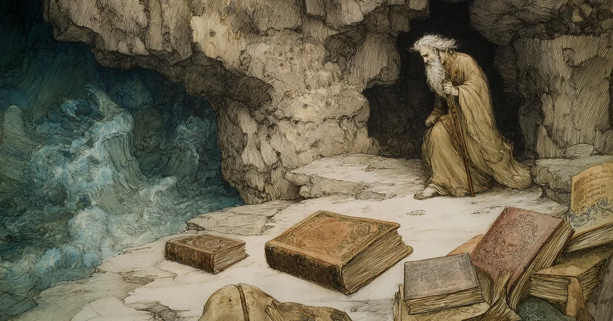 A cliffside cave where a wise figure stands before scattered books referencing Prospero in The Tempest Act 1 Scene 2