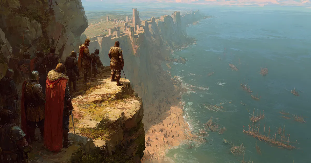 A clifftop view where soldiers watch a returning army on the horizon marking the invasion in Richard II Act 3 Scene 2