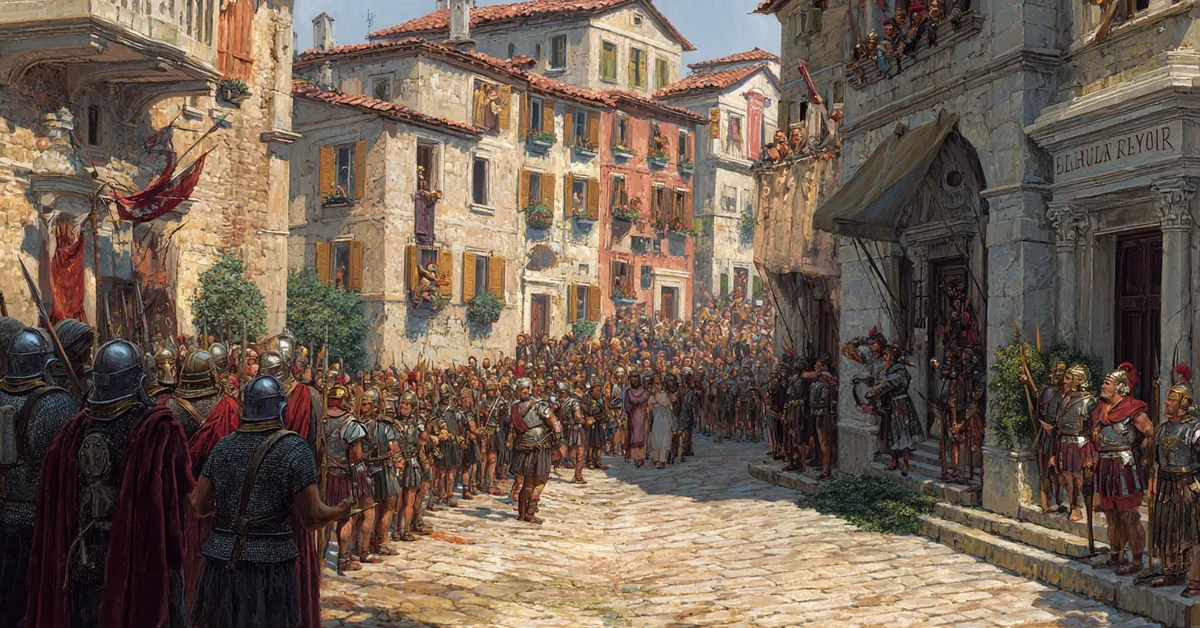 A cobbled street where two tribunes confront celebrating workers anchoring the opening tension in The Tragedy Of Julius Caesar Act 1 Scene 1
