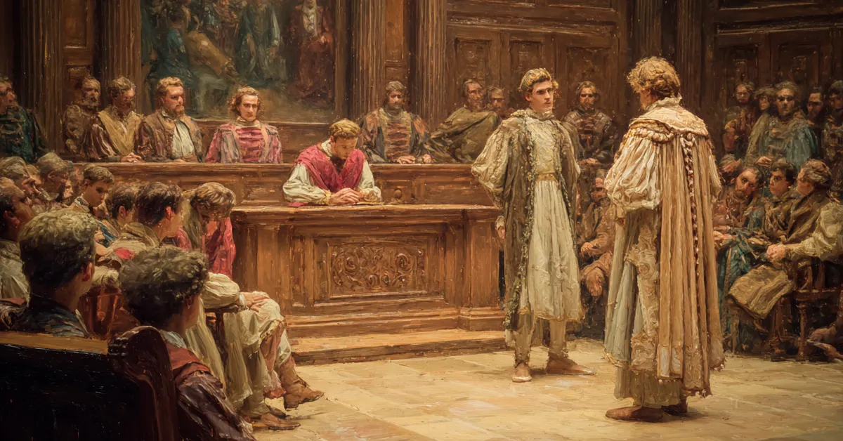court setting with aegeon standing before the duke in a solemn opening tableau of act 1 scene 1