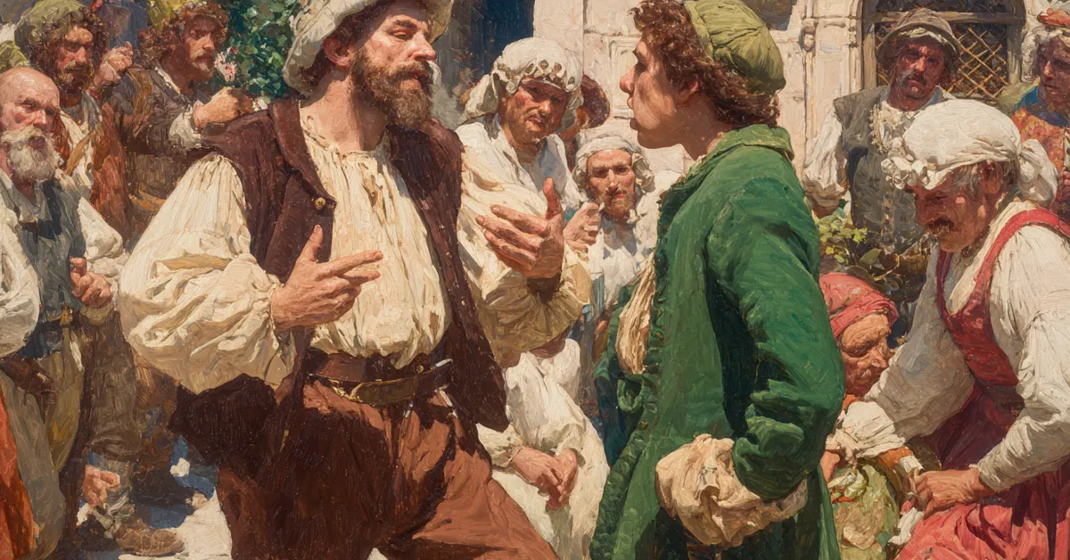 courtyard exchange where dromio gestures urgently while delivering the mistaken message of act 1 scene 2