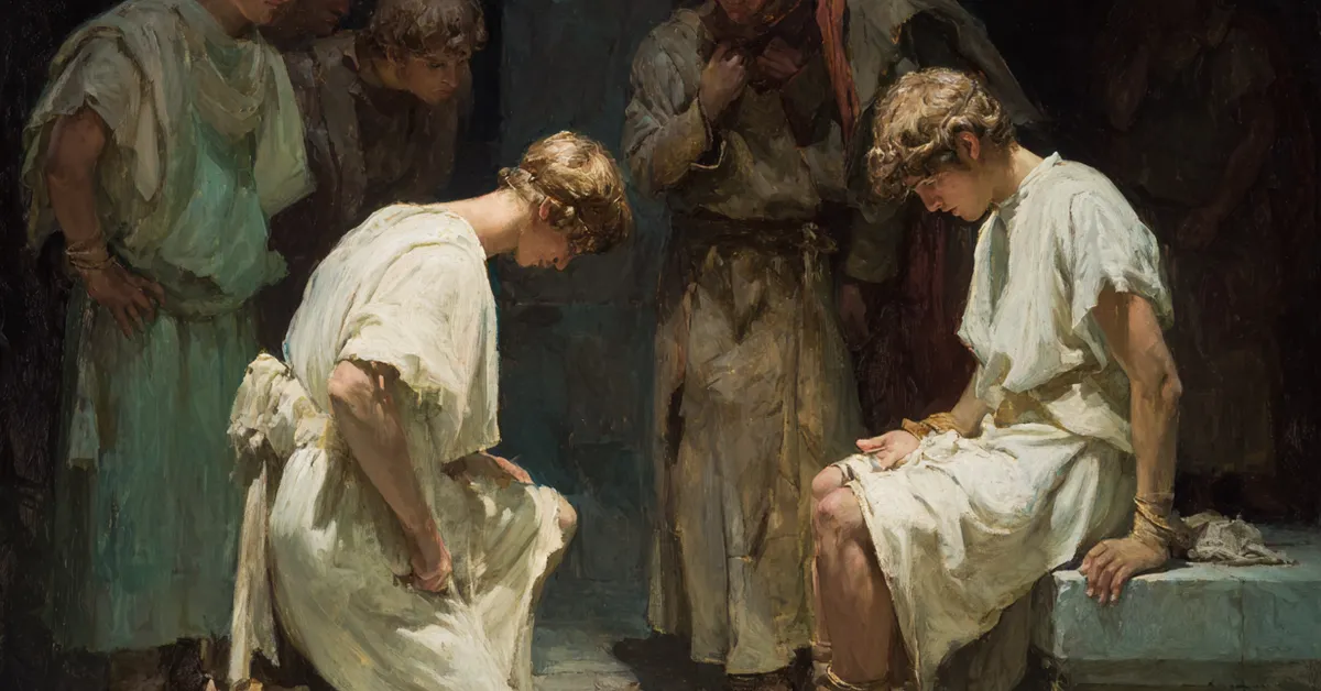 early morning stage scene with antipholus and dromio in simple tunics setting up the tension of act 1