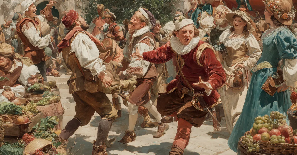 busy marketplace moment with characters crossing paths unaware of mistaken identities central to act 2